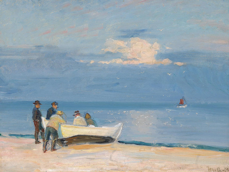 Fiskere på båd på Skagen strand. -Michael Peter Ancher