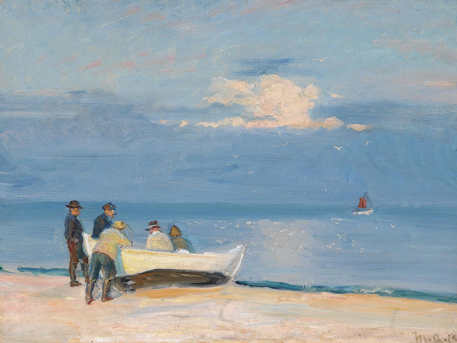 Fiskere på båd på Skagen strand. -Michael Peter Ancher
