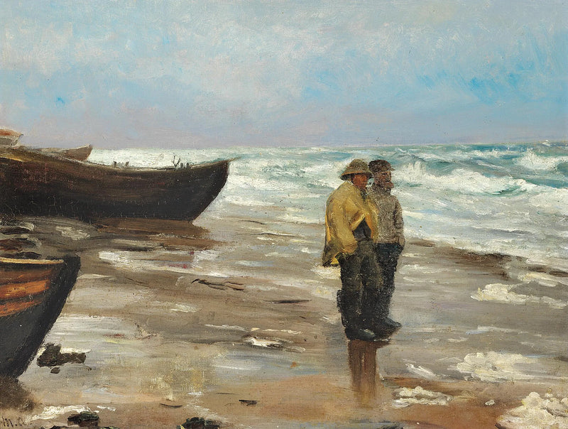 Fiskere på en strand med deres både. - Michael Peter Ancher