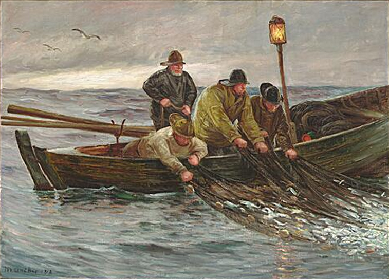 Fiskere trækker deres net fra deres både. - Michael Peter Ancher