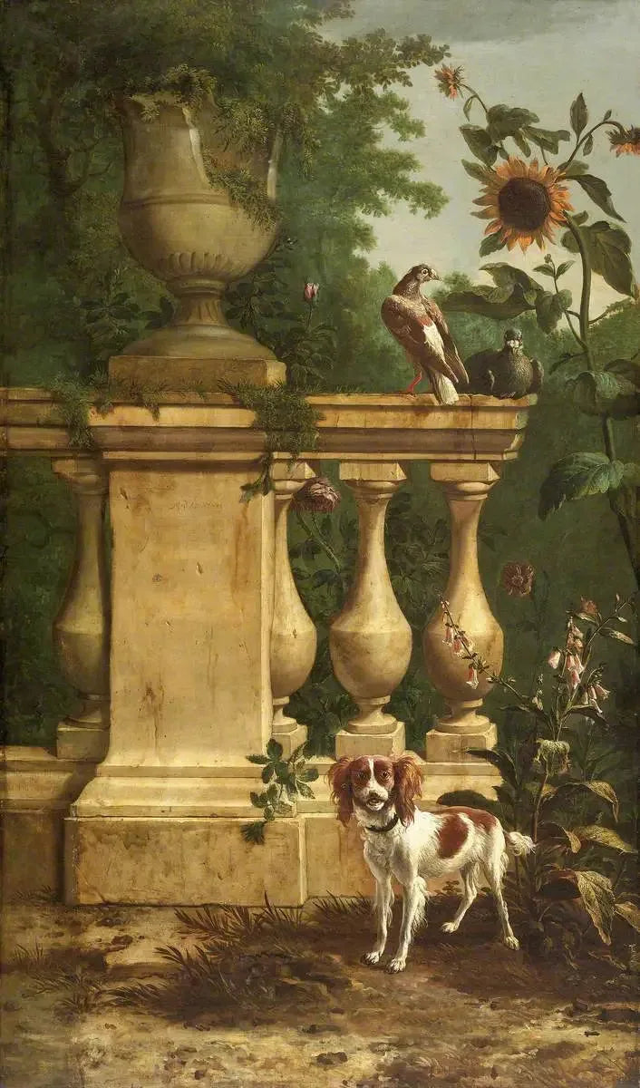 En duer og en hund i en have - Melchior de Hondecoeter