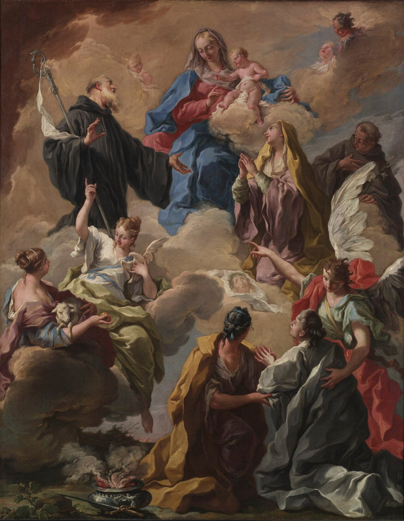 Helgener præsenterer en from kvinde for Jomfruen og Barnet - Giovanni Battista Pittoni