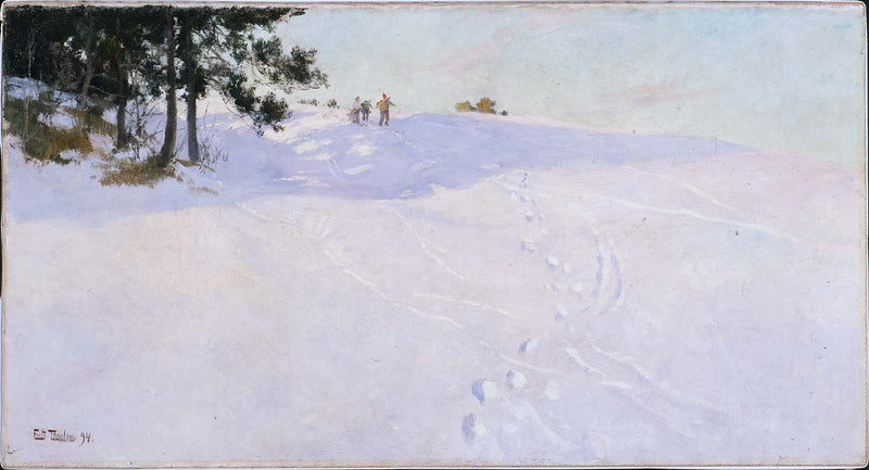 Skiløbere på toppen af ​​en snedækket bakke - Frits Thaulow
