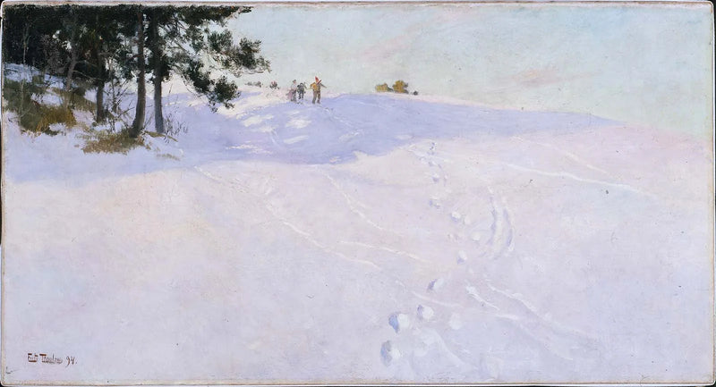 Skiløbere på toppen af ​​en snedækket bakke - Frits Thaulow
