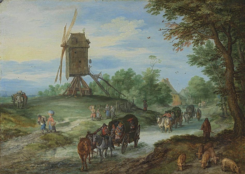 Des voyageurs sur une route inondée près d'un moulin à vent - Jan Brueghel l'Ancien