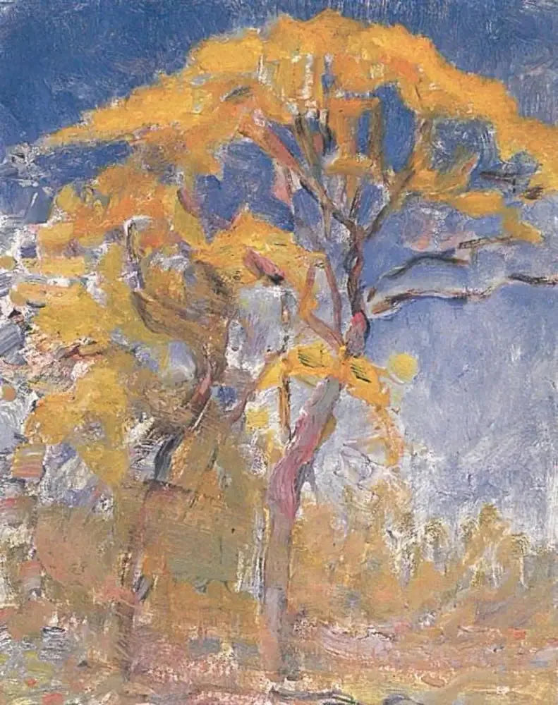 To træer med orange løv mod den blå himmel - Piet Mondrian