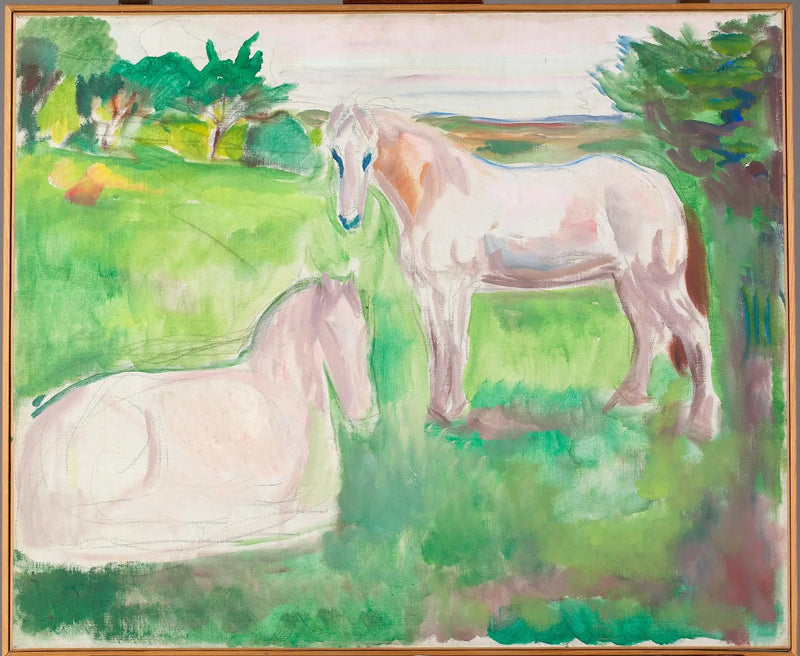 To hvide heste i en grøn eng - Edvard Munch