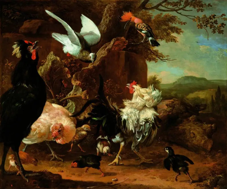 To haner, en høne og kyllinger med en due og en huppetur. - Melchior de Hondecoeter