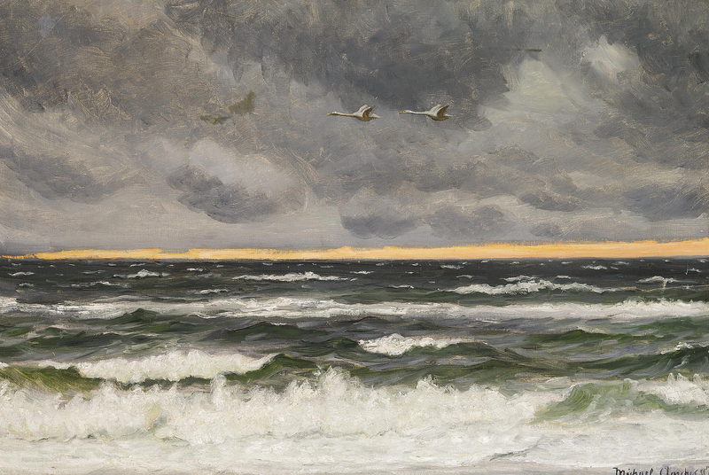 To svaner flyver over Nordsøen ved solnedgang. - Michael Peter Ancher