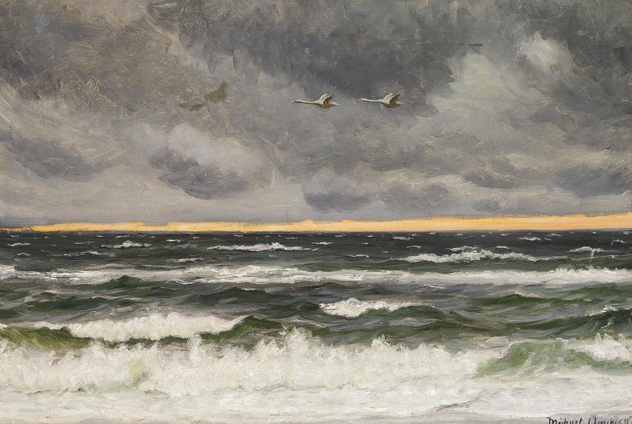 To svaner flyver over Nordsøen ved solnedgang. - Michael Peter Ancher