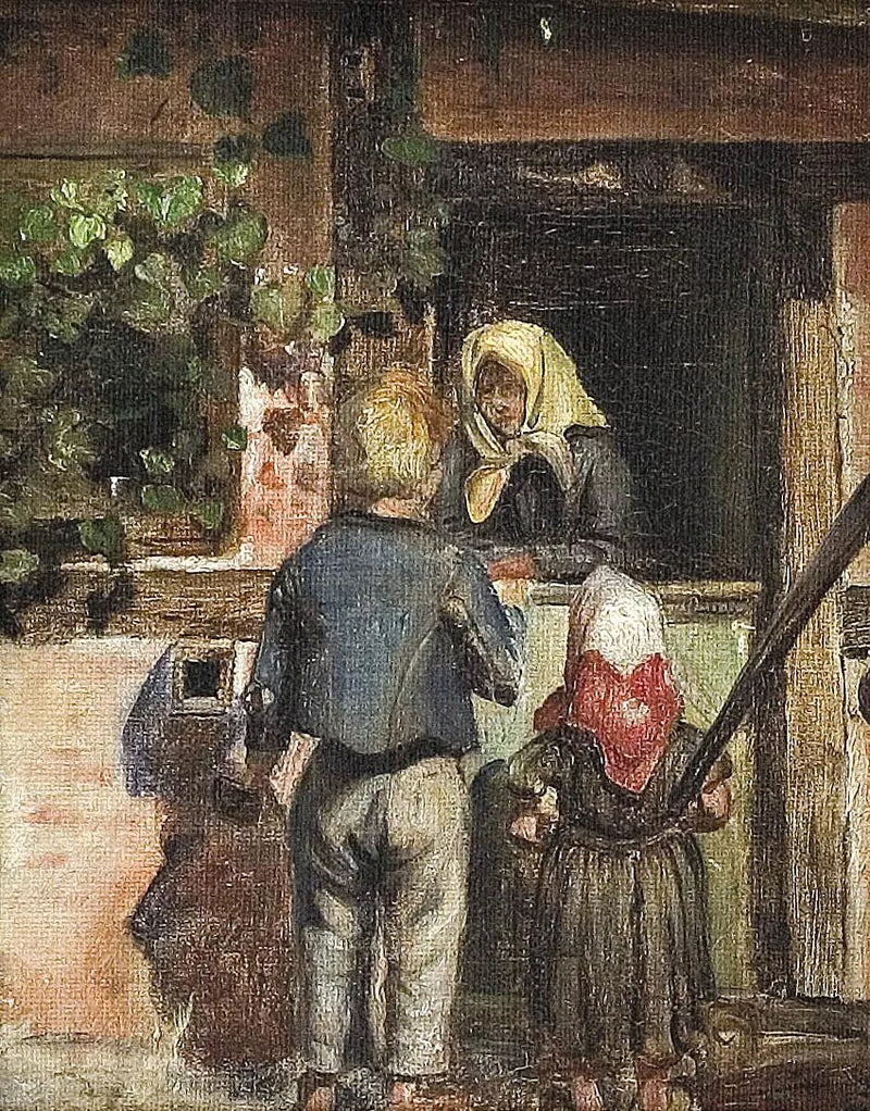 To børn og en gammel kvinde står foran en dør. - Anna Ancher