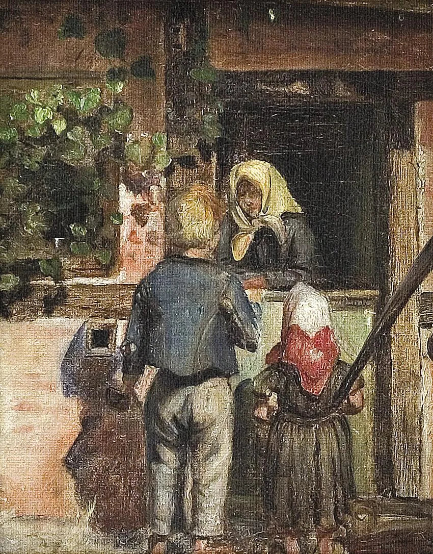 To børn og en gammel kvinde står foran en dør. - Anna Ancher
