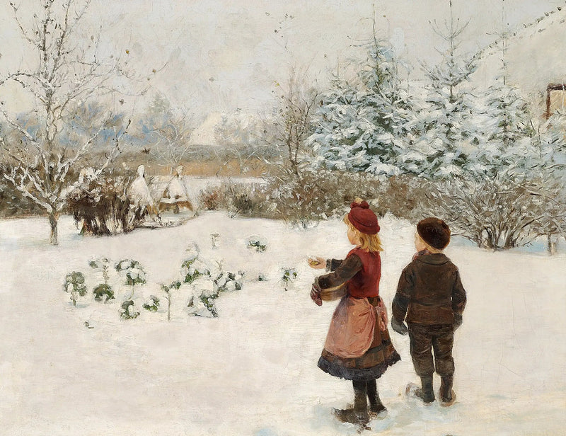 To børn fodrer fugle i sneen. - H. A. Brendekilde