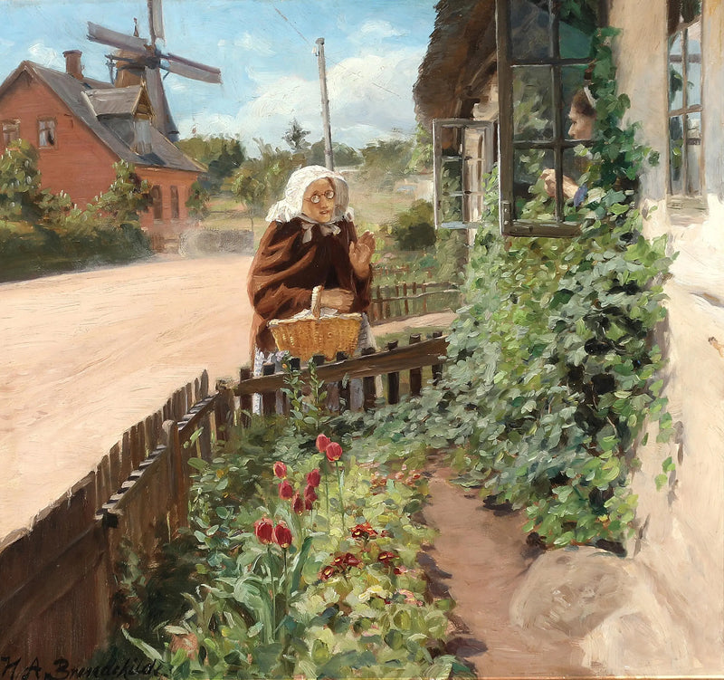 To kvinder taler gennem et vindue. - H. A. Brendekilde