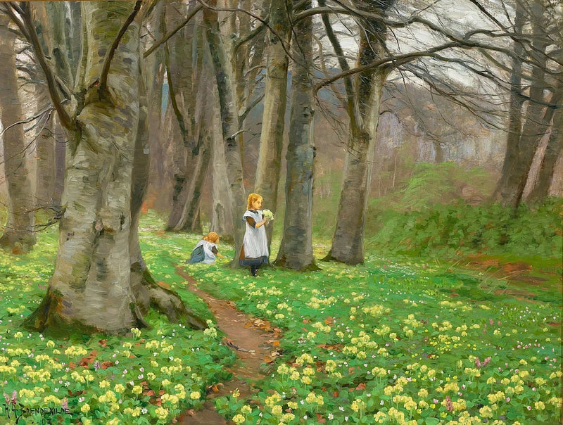 To piger plukker blomster i en skov om foråret. - H. A. Brendekilde