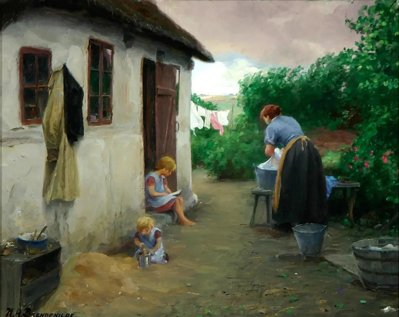 To piger og deres mor ved en gård. - H. A. Brendekilde