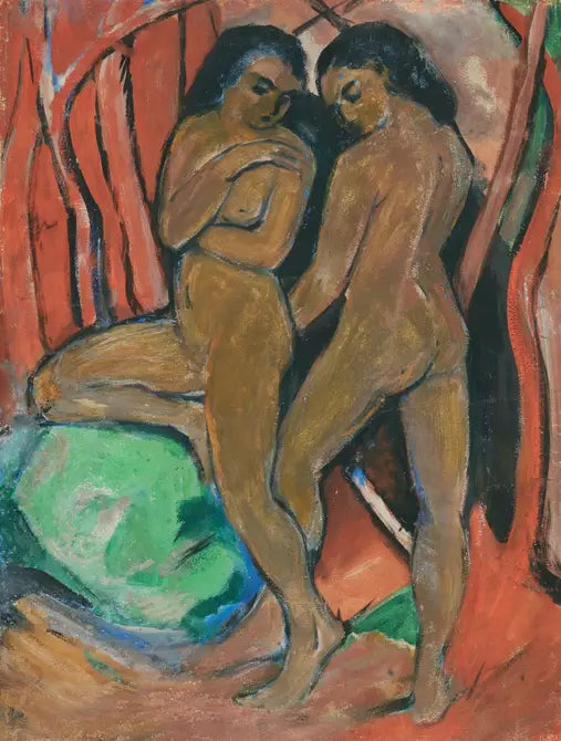 To piger nøgne stående med en grøn sten - Franz Marc