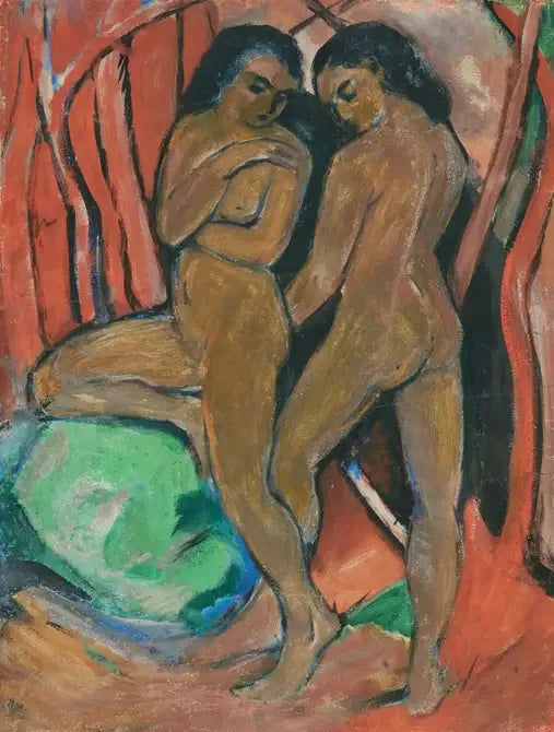 To piger nøgne stående med en grøn sten - Franz Marc