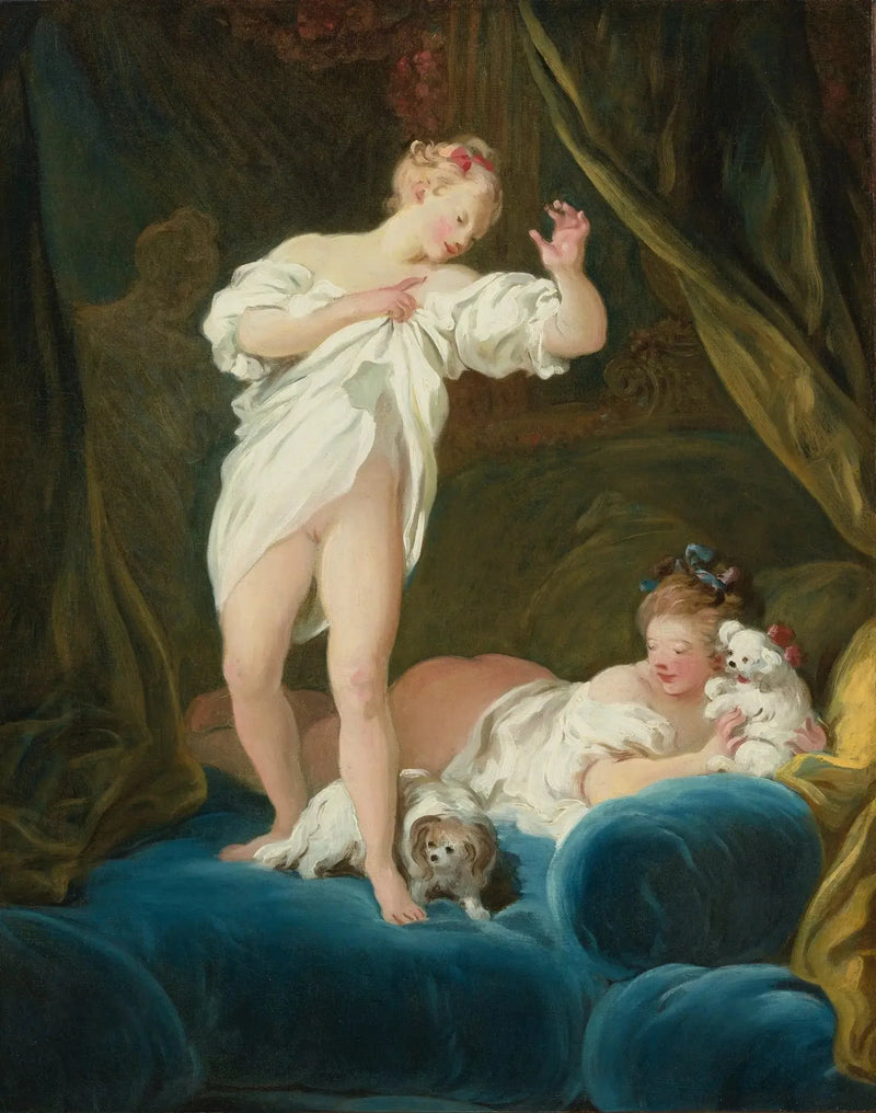 To piger på en seng leger med deres hunde - Jean-Honoré Fragonard