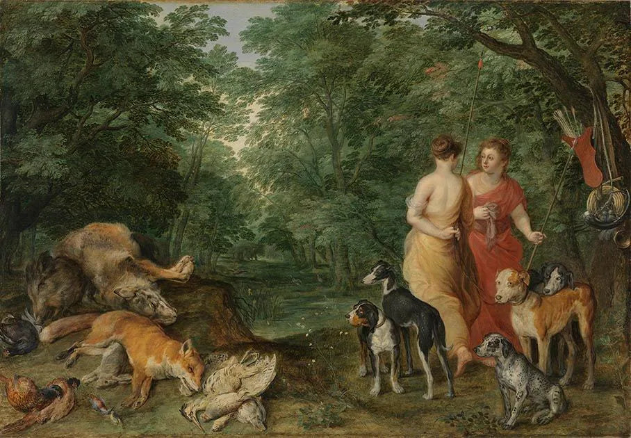 Deux nymphes avec des chiens - Jan Brueghel l'Ancien image 1 copie peinte à la main à l’huile