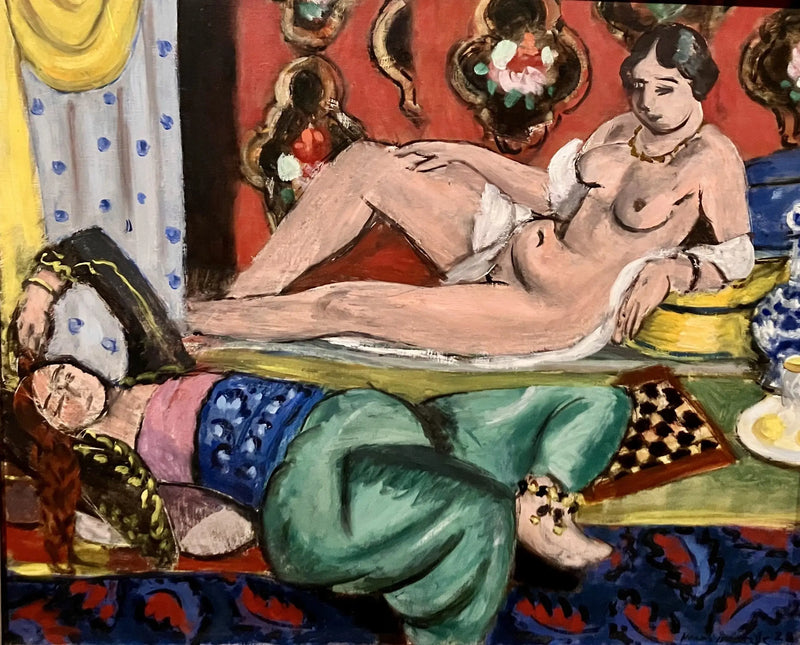 To odalisker, hvoraf den ene er afklædt, ornamentalt baggrund og ternet mønster - Henri Matisse