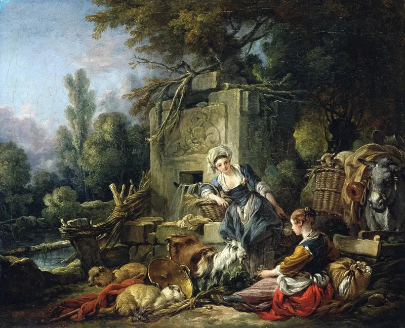 To landbrugere nær en rustik fontæne - François Boucher