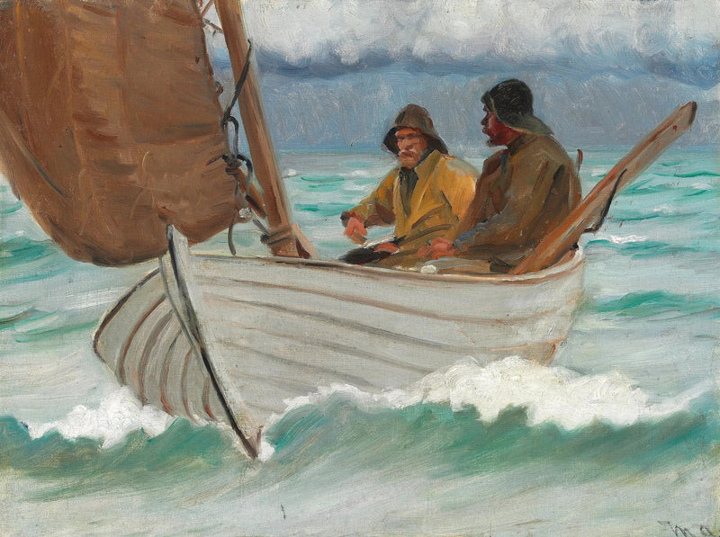 To fiskere fra Skagen ombord på en sejlbåd ud for kysten. - Michael Peter Ancher