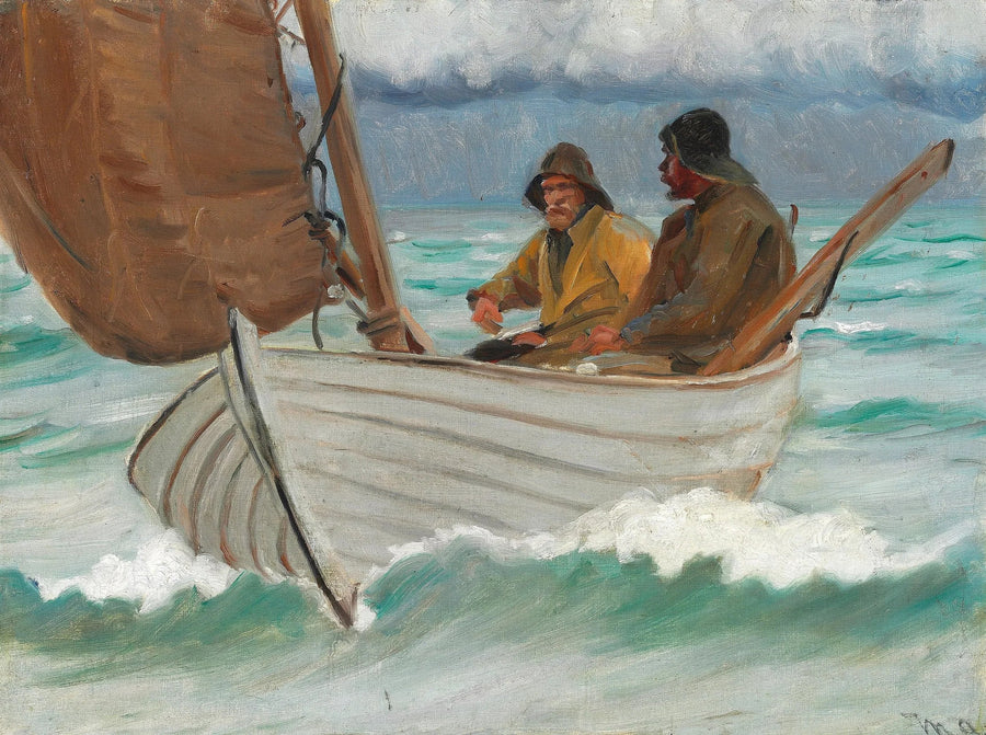 To fiskere fra Skagen ombord på en sejlbåd ud for kysten. - Michael Peter Ancher