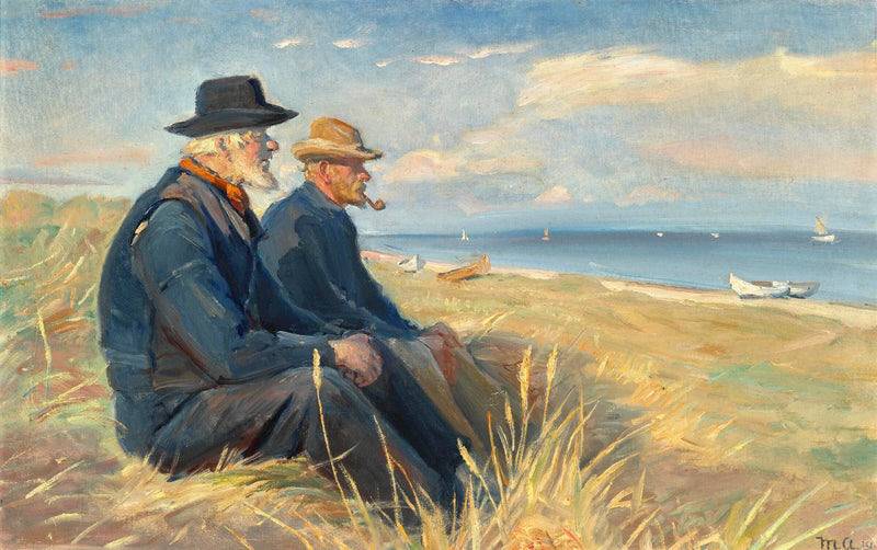 To fiskere fra Skagen, siddende i eftermiddagssolen på klitterne ved Skagen strand, stirrer ud over havet. - Michael Peter Ancher