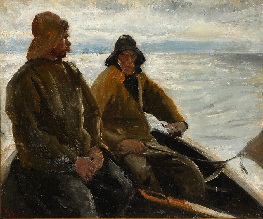 To Skagensfiskere i en robåd i skumringen. - Michael Peter Ancher