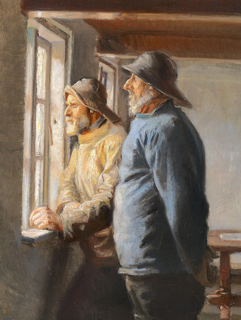 To fiskere fra Skagen kigger ud på havet gennem et vindue. - Michael Peter Ancher