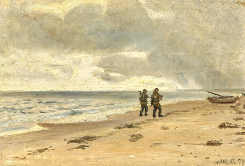 To fiskere på stranden. Grå himmel over havet. - Michael Peter Ancher