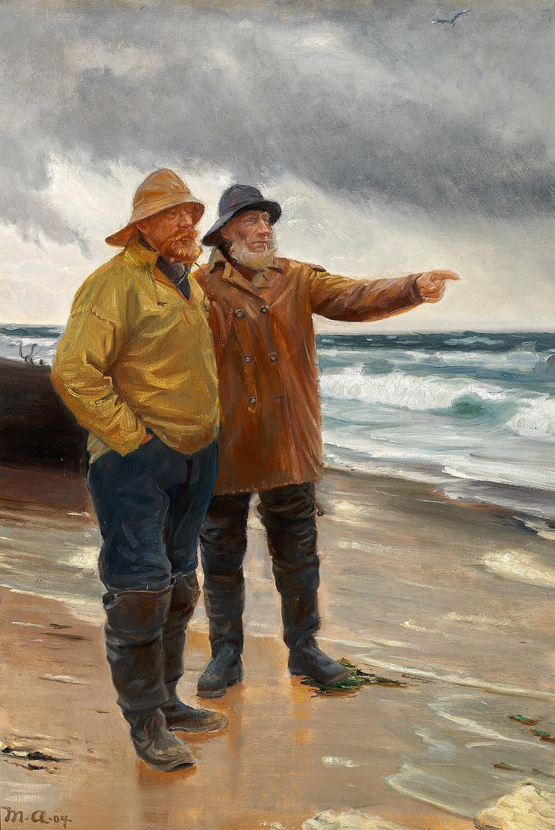 To fiskere på stranden. En af dem peger mod havet. - Michael Peter Ancher