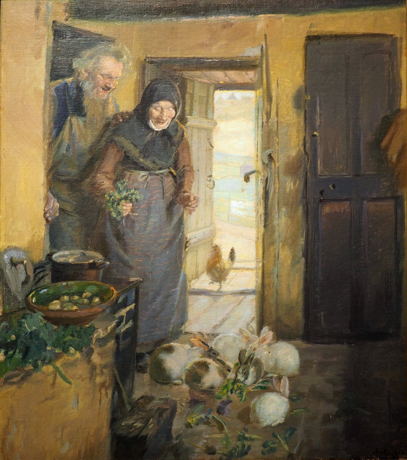 To ældre mennesker og deres kaniner - Anna Ancher