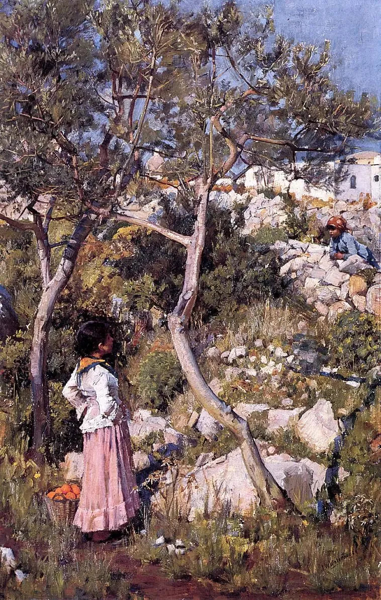 To små italienske piger nær en landsby - John William Waterhouse