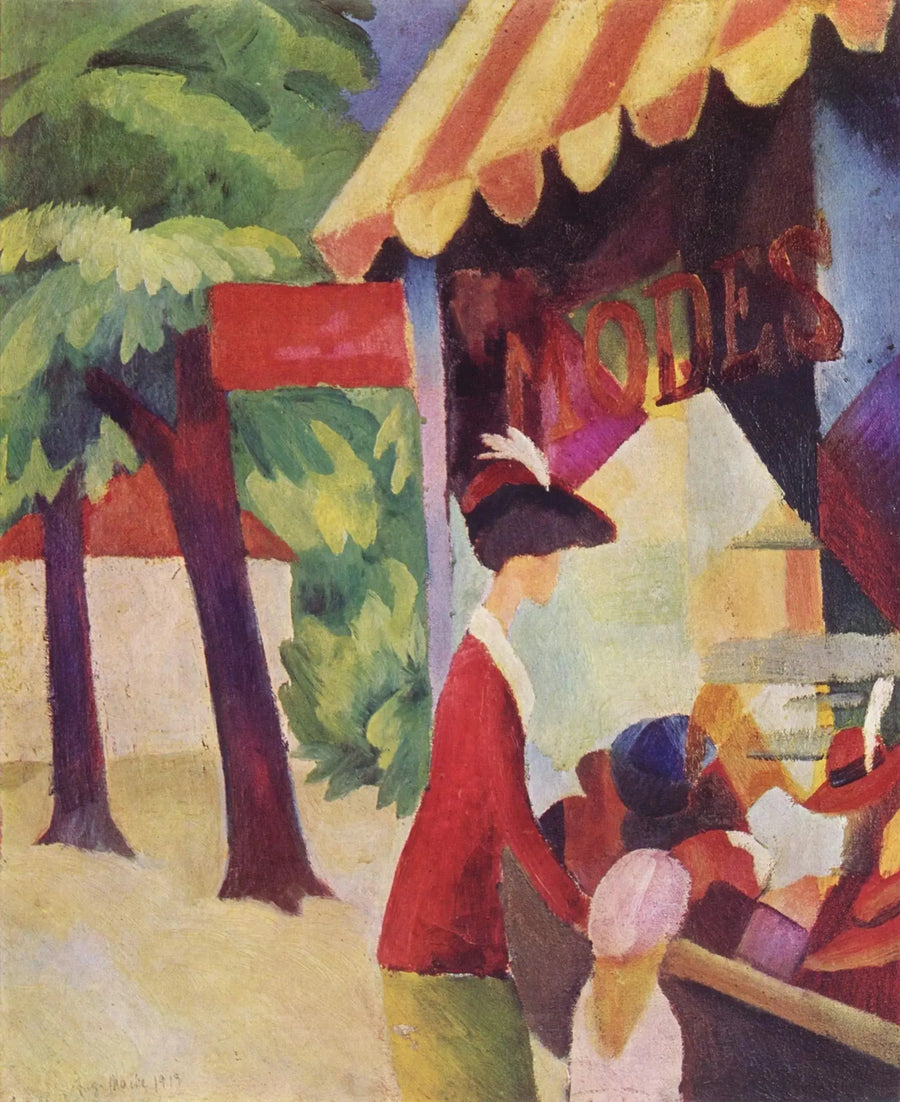 Foran hatbutikken (Kvinde med en rød jakke og et barn) - August Macke