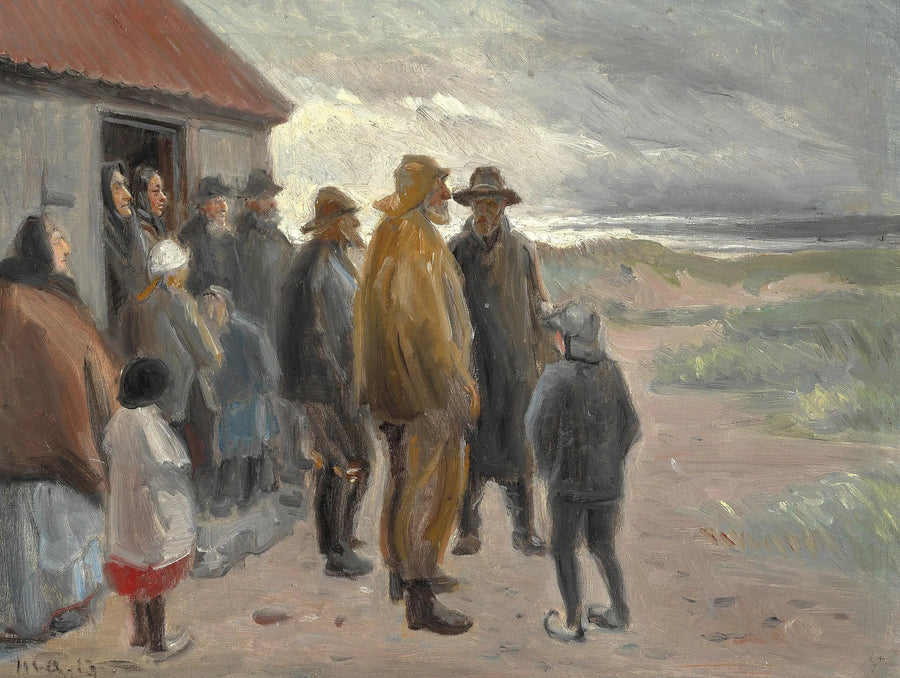 Foran fiskerhuset. Stormvejr, Skagen. - Michael Peter Ancher