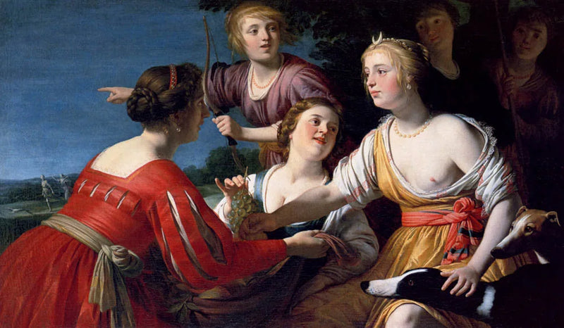 Diane, der hviler efter jagten, med hyrderinder og to sighthounds, et landskab i baggrunden - Gerrit van Honthorst