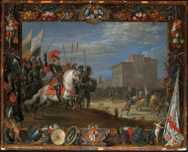 Don Antonio Moncada afviser Cabreras angreb på slottet, hvor dronning Bianca bor - David Teniers den Yngre