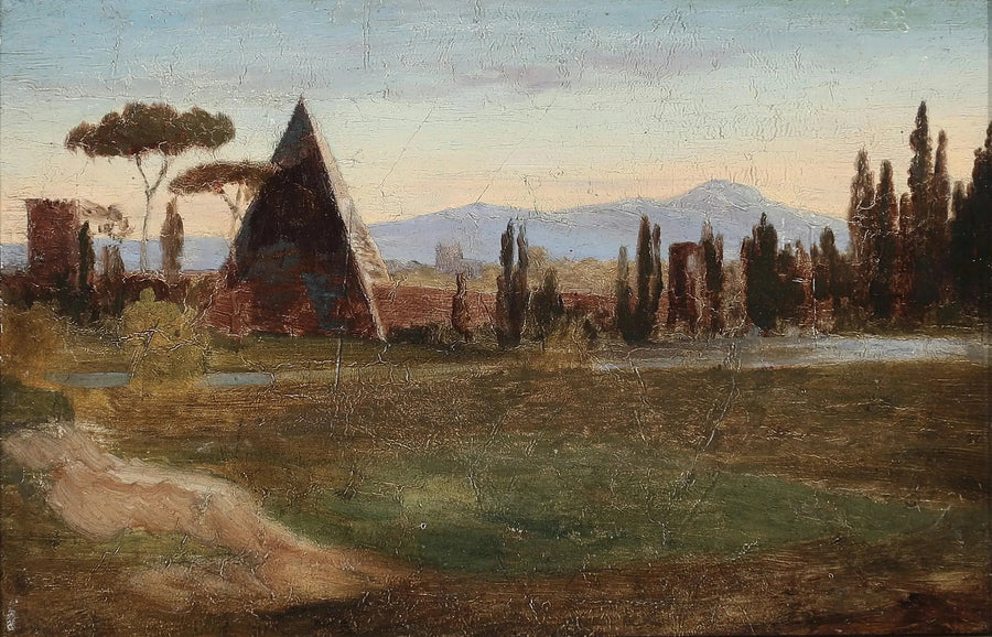 Protestant kirkegård i Rom, med Cestius-pyramiden og bjergene i baggrunden. - H. A. Brendekilde