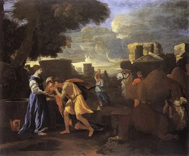Éliézer og Rebekka ved brønden eller Rebekka slukker Eliasers tørst. - Nicolas Poussin