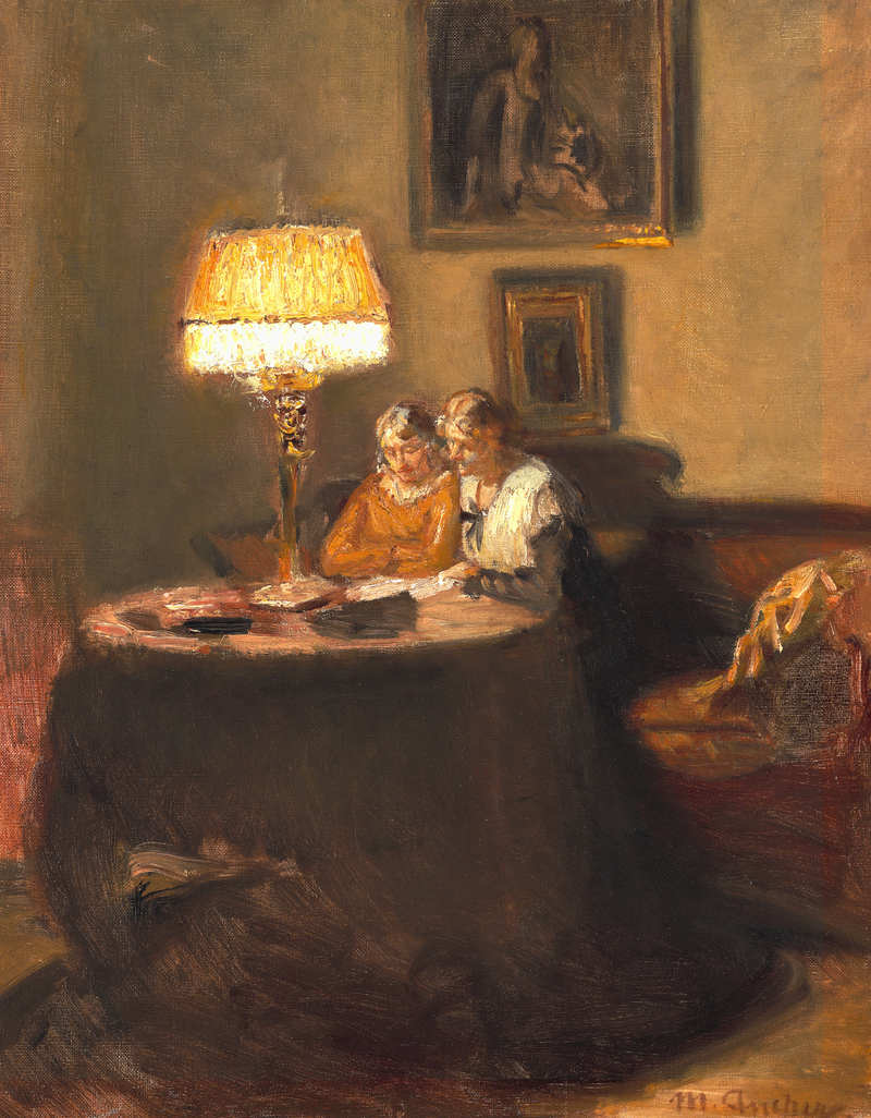 Ella og Engel sidder ved bordet i den røde sofa i Michael Anchers atelier og læser en bog. - Michael Peter Ancher