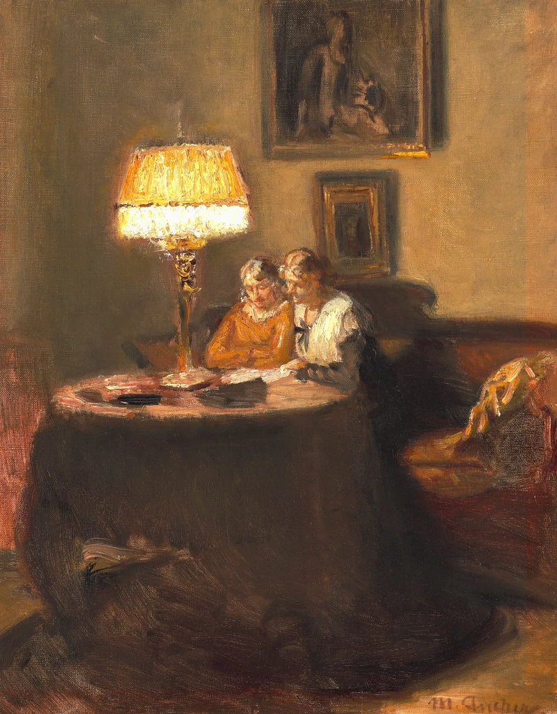 Ella og Engel sidder ved bordet i den røde sofa i Michael Anchers atelier og læser en bog. - Michael Peter Ancher