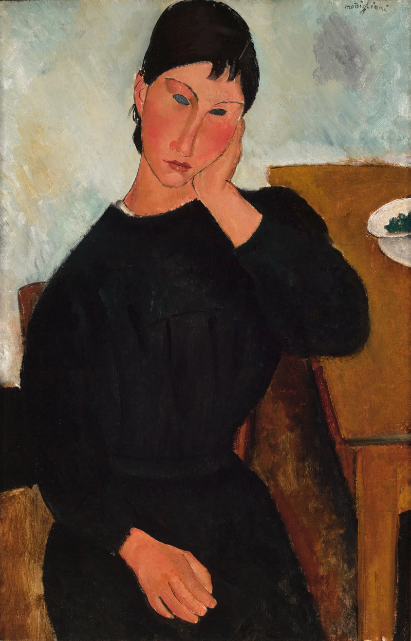 Elvire siddende, lænet op ad et bord - Amedeo Modigliani