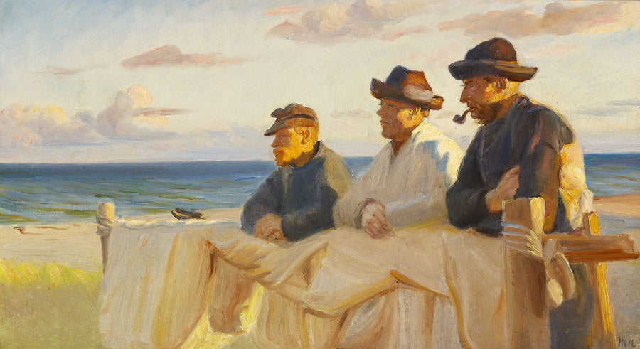 Ved dagens afslutning nyder tre fiskere de sidste solstråler. - Michael Peter Ancher