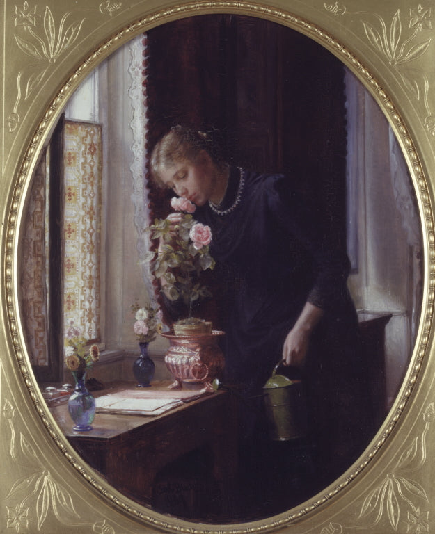 En ung pige, der dufter op til en rose - Carl Heinrich Bloch