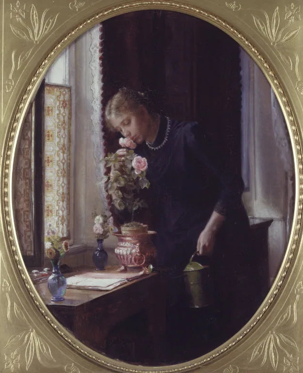 En ung pige, der dufter op til en rose - Carl Heinrich Bloch