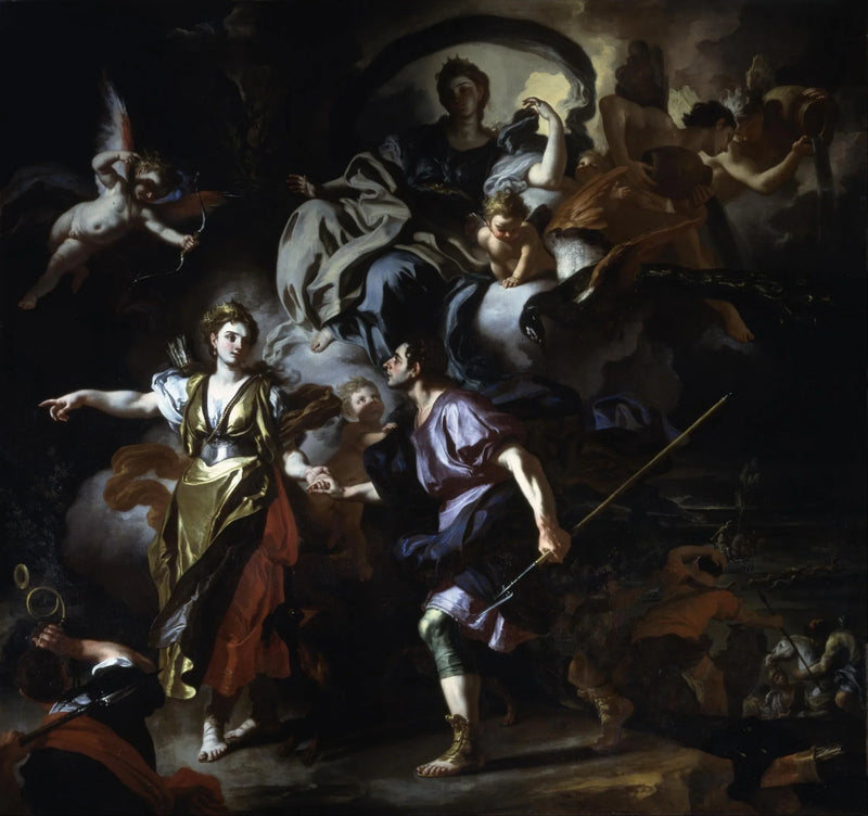 Æneas og Dido bevæger sig mod grotten. - Francesco Solimena