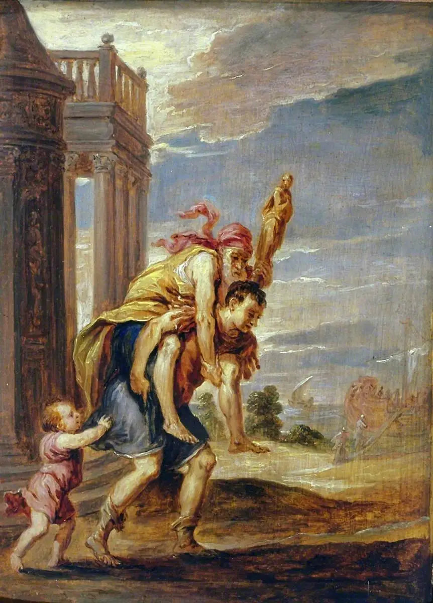 Æneas flygter fra Troja (efter Andrea Schiavone) - David Teniers den Yngre