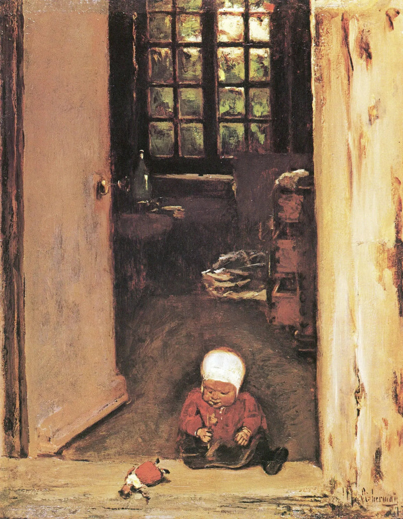 Barn der leger i døråbningen - Max Liebermann